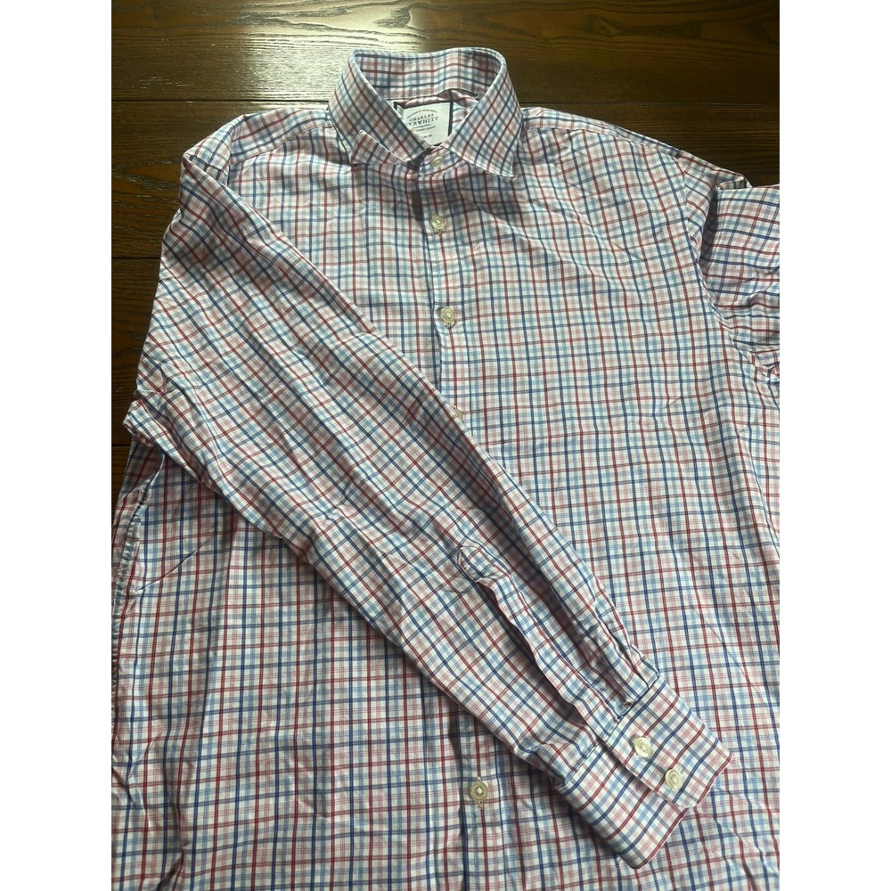 Charles Tyrwhitt Shirt Mens 16 34 Extra Slim White Red Blue Plaid Button Down